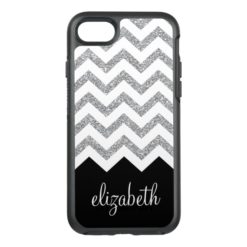 Black and Silver Glitter Print Chevrons and Name OtterBox Symmetry iPhone 7 Case