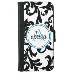 Black and Turquoise Monogrammed Damask Print Wallet Phone Case For iPhone 6/6s