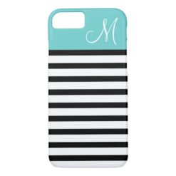 Black and Turquoise Preppy Stripes Custom Monogram iPhone 7 Case