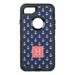 Blue Anchors and Coral Monogram OtterBox Defender iPhone 7 Case