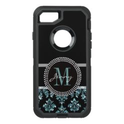 Blue Glitter Printed Black Damask OtterBox Defender iPhone 7 Case