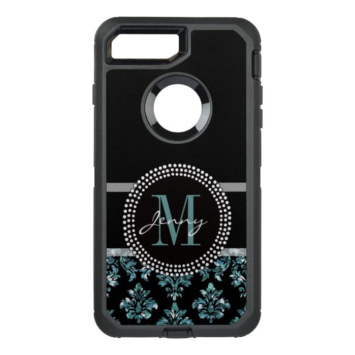 Blue Glitter Printed Black Damask OtterBox Defender iPhone 7 Plus Case