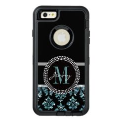 Blue Glitter Printed Black Damask Personalized OtterBox Defender iPhone Case