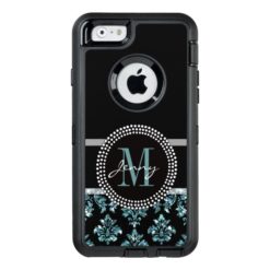 Blue Glitter Printed Black Damask Personalized OtterBox Defender iPhone Case