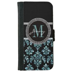 Blue Glitter Printed Black Damask Personalized iPhone 6/6s Wallet Case