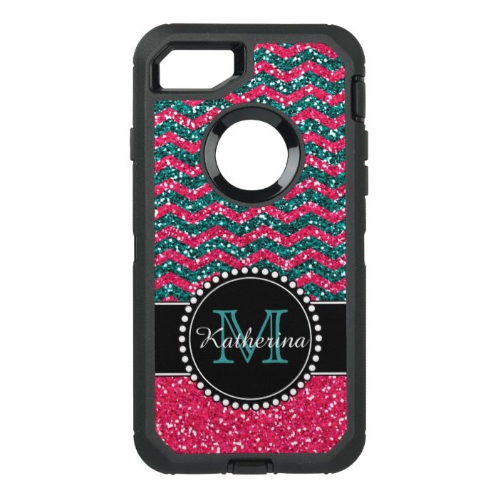 Blue & Pink Glitter Chevron Personalized Defender OtterBox Defender iPhone 7 Case
