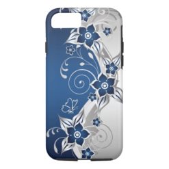Blue and Silver Gray Floral Tough iPhone 7 Case