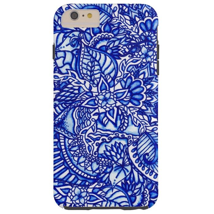 Boho blue handdrawn watercolor floral mandala tough iPhone 6 plus case