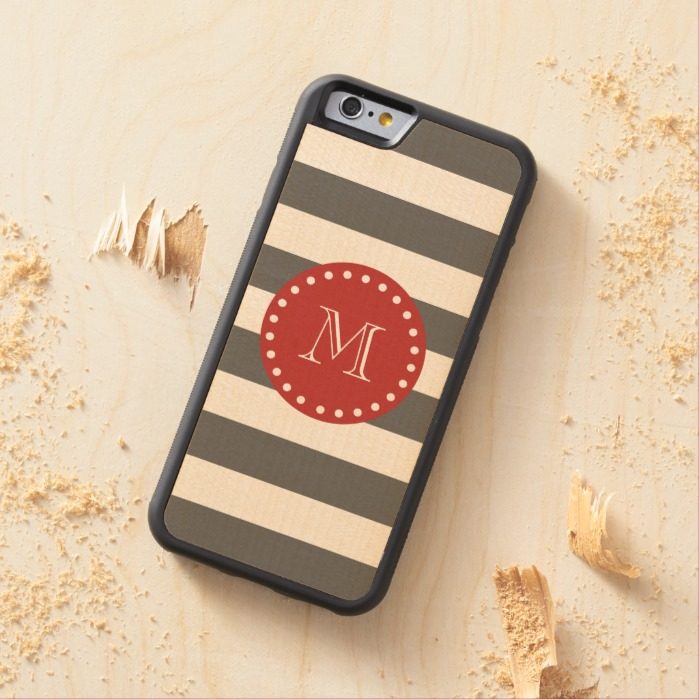 Charcoal Gray White Stripes Pattern Red Monogram Carved Maple iPhone 6 Bumper Case