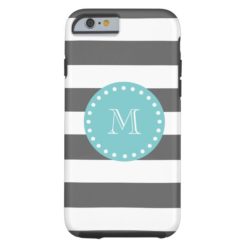 Charcoal Gray White Stripes Pattern Teal Monogram Tough iPhone 6 Case