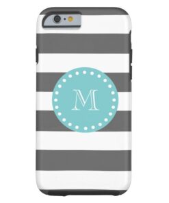 Charcoal Gray White Stripes Pattern Teal Monogram Tough iPhone 6 Case
