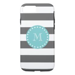 Charcoal Gray White Stripes Pattern Teal Monogram iPhone 7 Case