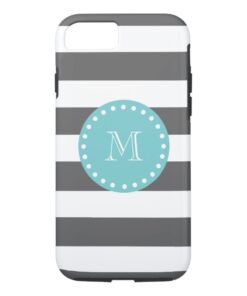 Charcoal Gray White Stripes Pattern Teal Monogram iPhone 7 Case
