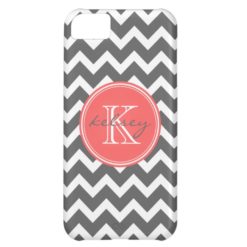 Charcoal Gray and Coral Chevron Custom Monogram iPhone 5C Cover