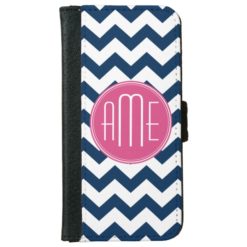 Chevron Pattern with Monogram - Navy Magenta Wallet Phone Case For iPhone 6/6s