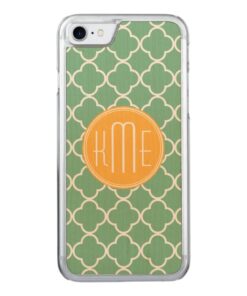 Chic Teal Green Quatrefoil with Yellow Monogram Carved iPhone 7 Case