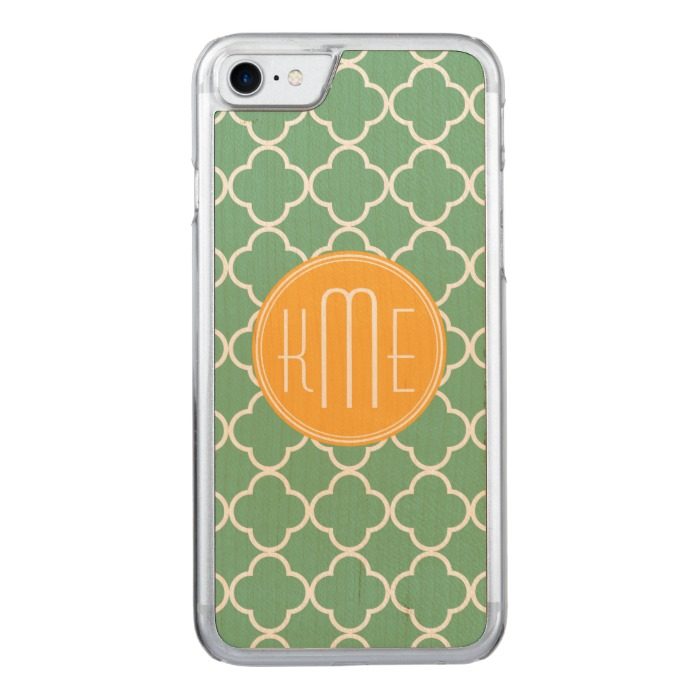 Chic Teal Green Quatrefoil with Yellow Monogram Carved iPhone 7 Case