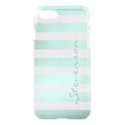 Classic Aqua Mint Stripe Pattern Personalized Name iPhone 7 Case