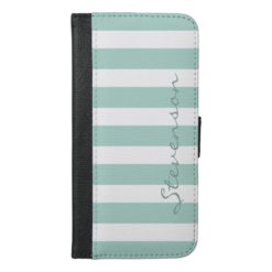 Classic Aqua Mint Stripes - Personalized Name iPhone 6/6s Plus Wallet Case