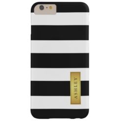 Classic Black White Stripe Pattern Gold Label Name Barely There iPhone 6 Plus Case