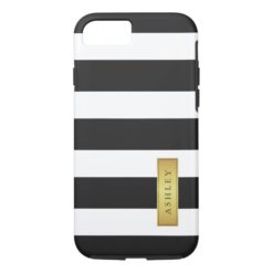 Classic Black White Stripe Pattern Gold Label Name iPhone 7 Case