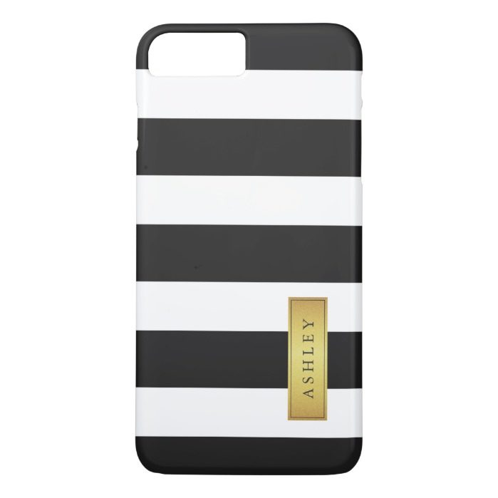 Classic Black White Stripe Pattern Gold Label Name iPhone 7 Plus Case