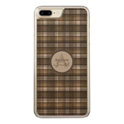 Classically Modern Coffee-Brown Plaid Monogram Carved iPhone 7 Plus Case