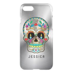 Colorful Sugar Skull Metallic Silver Background iPhone 7 Case