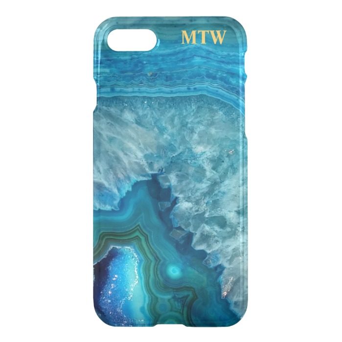 Cool Chic Blue Agate Geode Faux Gold Monogram iPhone 7 Case