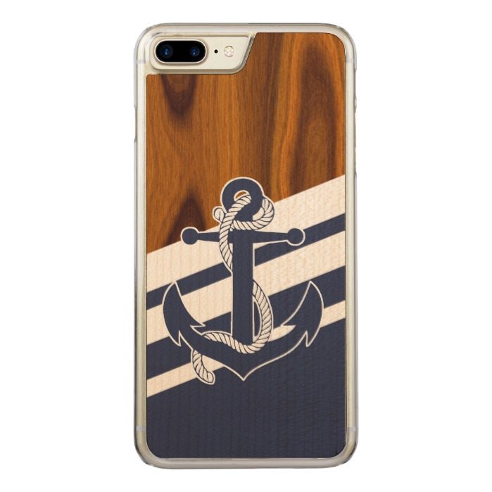 Cool Navy Blue White Stripes Wood Grain Pattern Carved iPhone 7 Plus Case