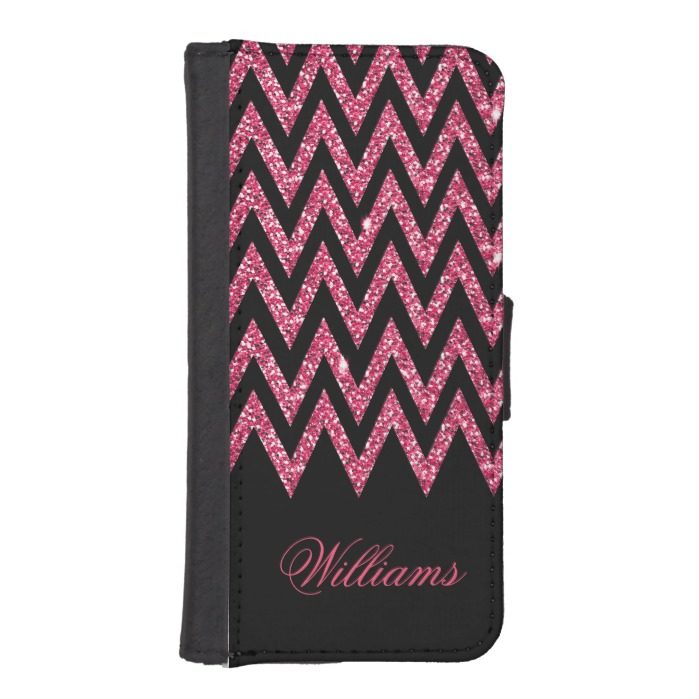 Cool trendy chevron zigzag hot pink faux glitter iPhone SE/5/5s wallet case