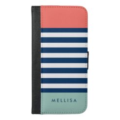 Coral Mint Navy White Stripes - Trendy Stylish iPhone 6/6s Plus Wallet Case