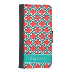 Coral Red Teal Moroccan #5DS Teal Name Monogram Wallet Phone Case For iPhone SE/5/5s