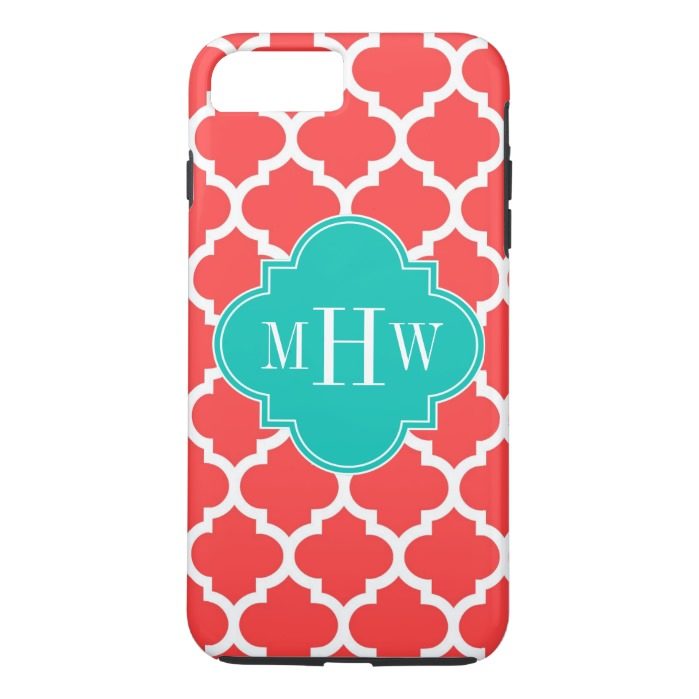 Coral Red Wht Moroccan #5 Teal 3 Initial Monogram iPhone 7 Plus Case