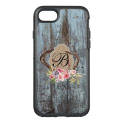 Country Blue Faux Wood Floral Antlers Monogrammed OtterBox Symmetry iPhone 7 Case