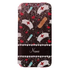 Custom name black glitter nurse hats heart iPhone 6/6s wallet case