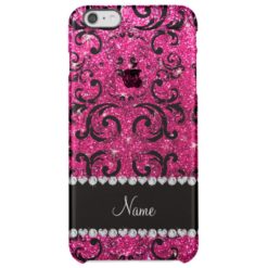 Custom name black neon hot pink glitter damask clear iPhone 6 plus case