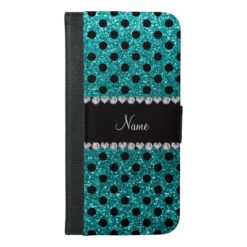 Custom name bright aqua glitter black polka dots iPhone 6/6s plus wallet case