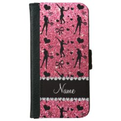 Custom name fuchsia pink glitter tennis hearts bow wallet phone case for iPhone 6/6s
