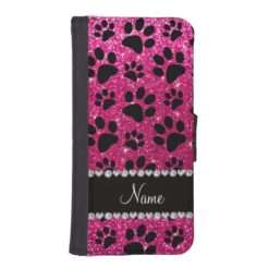 Custom name neon hot pink glitter black dog paws iPhone SE/5/5s wallet