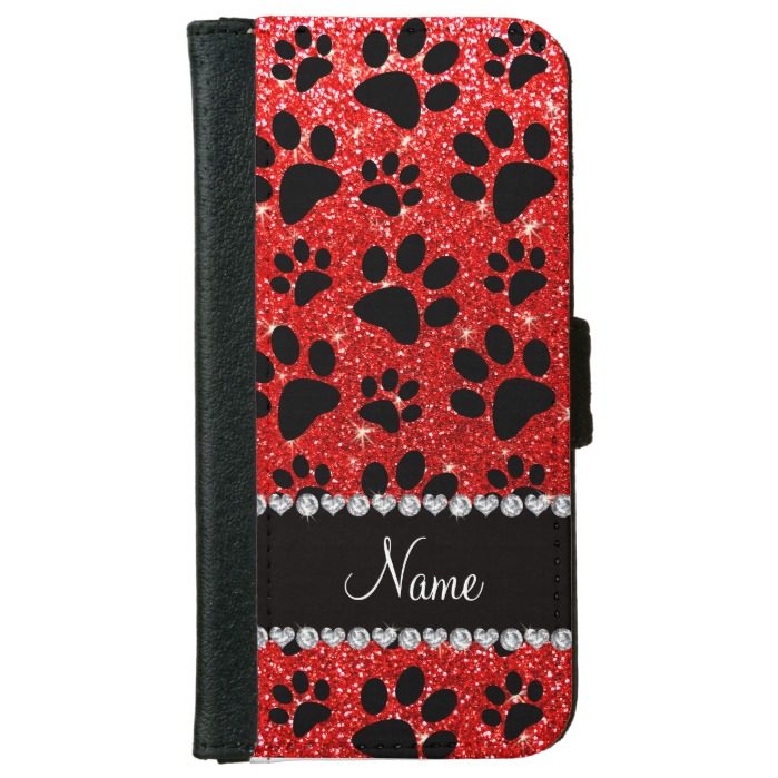 Custom name neon red glitter black dog paws iPhone 6/6s wallet case