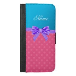Custom name pink polka dots purple bow iPhone 6/6s plus wallet case
