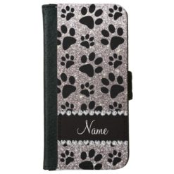 Custom name silver glitter black dog paws iPhone 6/6s wallet case