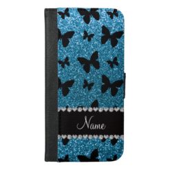 Custom name sky blue glitter butterflies iPhone 6/6s plus wallet case