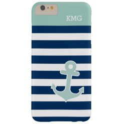 Cute Anchor Monograms in Trendy Mint Navy Stripes Barely There iPhone 6 Plus Case