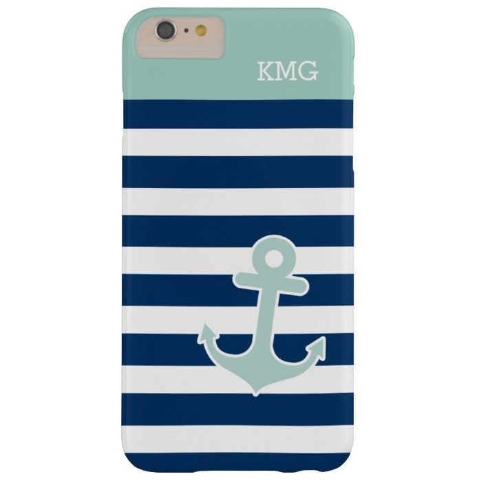 Cute Anchor Monograms in Trendy Mint Navy Stripes Barely There iPhone 6 Plus Case
