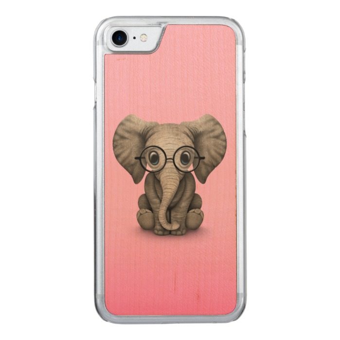 Cute Baby Elephant with Reading Glasses Pink Carved iPhone 7 Case