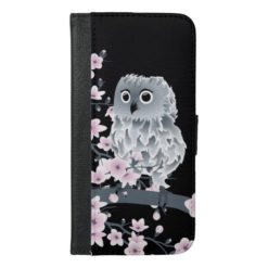 Cute Owl and Cherry Blossoms Pink Black iPhone 6/6s Plus Wallet Case