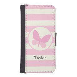 Cute Pink Butterfly on Retro Stripes Wallet Phone Case For iPhone SE/5/5s