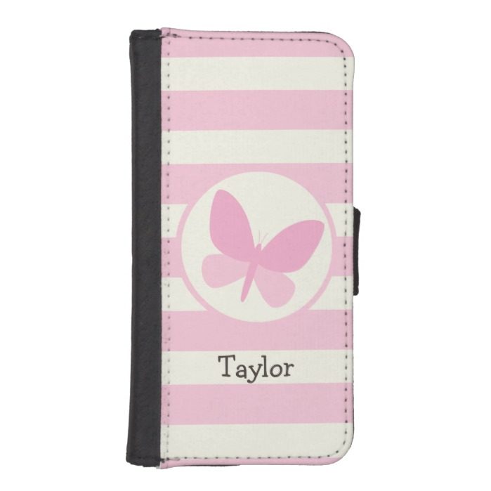 Cute Pink Butterfly on Retro Stripes Wallet Phone Case For iPhone SE/5/5s